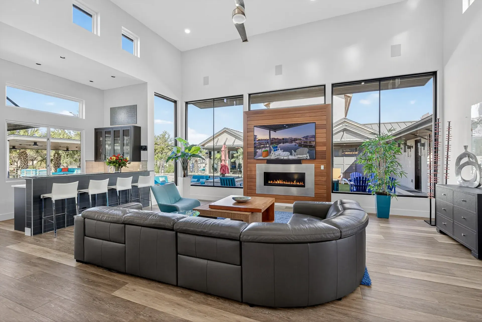 Grand living room with soaring ceilings and fireplace